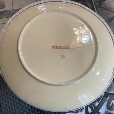 Large Vintage 14" Diameter Chinese Charger Plate w/Gold Raised Accents in VG Preowned Condition.