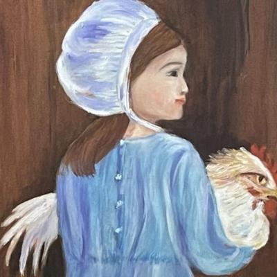 Vintage Amish Girl Holding Rooster/Chicken Oil/Acrylic Painting by Marlene Frame Size 23.5" x 30" in Good Preowned Condition.
