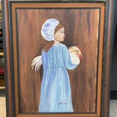 Vintage Amish Girl Holding Rooster/Chicken Oil/Acrylic Painting by Marlene Frame Size 23.5" x 30" in Good Preowned Condition.
