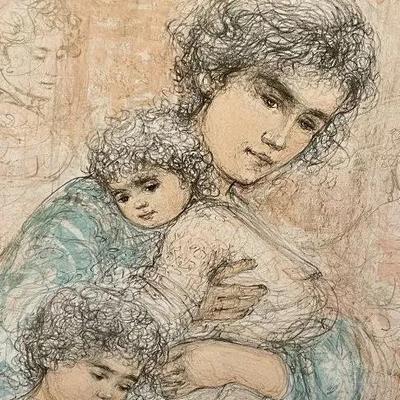 EDNA HIBEL (Mother with Two Children) Figurative Lithograph Numbered #4/156 by Edna Hibel, Frame Size 29" x 35.25". Lithograph...