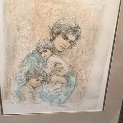 EDNA HIBEL (Mother with Two Children) Figurative Lithograph Numbered #4/156 by Edna Hibel, Frame Size 29" x 35.25". Lithograph...