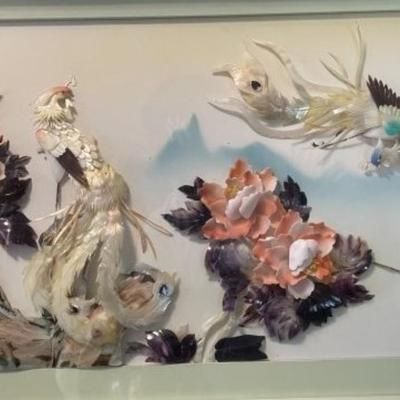 Beautiful Vintage Framed Asian Inspired 3-Dimensional Mother of Pearl Shell Art. Wall Decor Encased Frame Size 15.5" x 27" in...