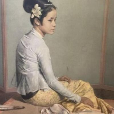 Vintage Mid-Century Young Asian Girl Print on Board in a Wooden Frame Size 25.5" x 32".