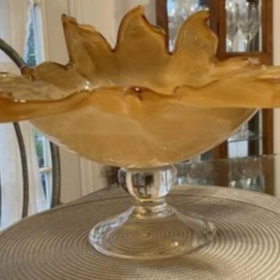 Unique Huge Mid-Century Art Glass Pedestal Bowl w/Scalloped Edges 7" Tall & 18" Wide in VG Preowned Condition.