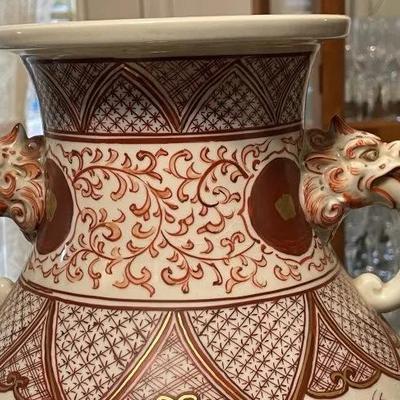 Early Japanese Kutani/Satsuma Hand Painted Signed Red/Gold Mark Vase from 1800's 15.5" Tall & w/Base 17" Tall...