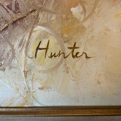 VINTAGE HUNTER SIGNED ABSTRACT DOUBLE SANTA FACES OIL/ACRYLIC ON CANVAS PAINTING FRAME SIZE 24" x 28.5" IN GOOD CONDITION.