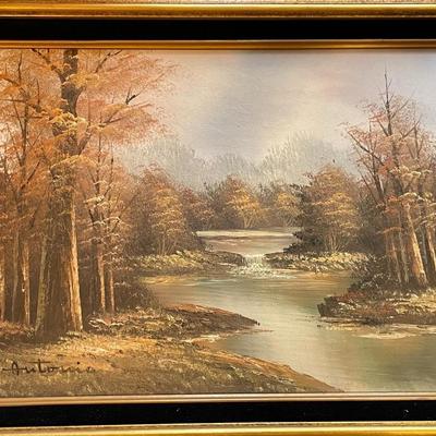 Vintage Antonio Oil on Canvas Landscape Painting Frame Size 17.5" x 21.5" in VG Preowned Condition.