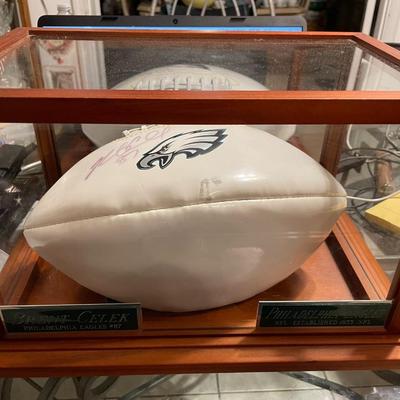Brent Celek Signed Philadelphia Eagles w/White Logo Football in a Nice Glass Curio Display Case 14.5" x 9.5" x 8.5" in VG...