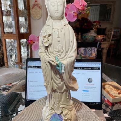 Antique Chinese Porcelain Blanc De Chine Figurine Young Buddha Guanyin Guan Yin Kuan Yin 18.75'' Tall.