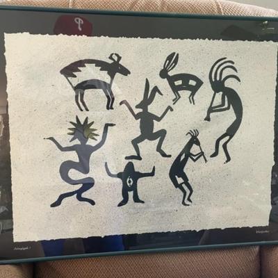 Native American Indian Petroglyph-I Signed Print Whitefeather Artwork Frame Size 21" x 28" in VG Condition.