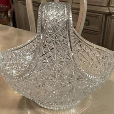 Vintage HUGE Cut/Etched Glass Large Leaded Crystal Basket 13" x 14" Preowned from an Estate in VG Preowned Condition. (Very Heavy)