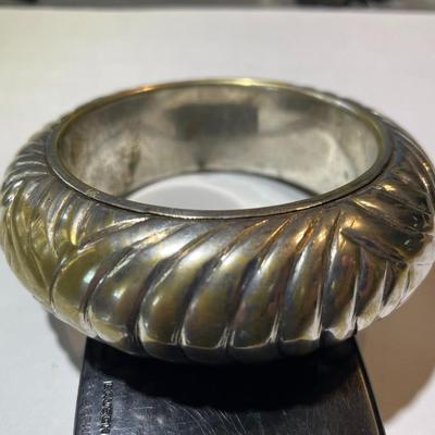 Heavily Worn Silver-tone over Brass Standard Size Bangle Bracelet 1" Wide...Some Silver Plating is Wearing Off as Pictured.