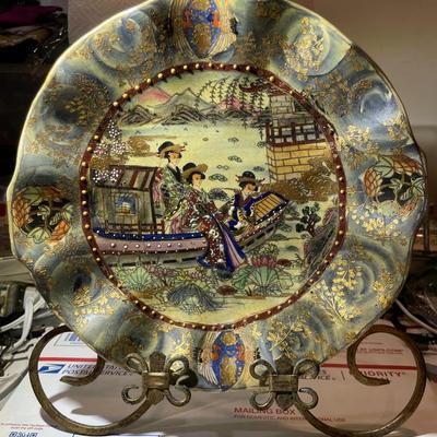 Vintage Asian 10.25" Diameter Heavy Satsuma Style Earthenware/Porcelain Plate in Good Preowned Condition. (Some Small Beads are...