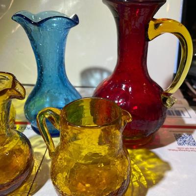 Vintage Hand-Blown Art Crackled Glass 4-Pitchers Vase & 1-Vase in VG Preowned Condition.