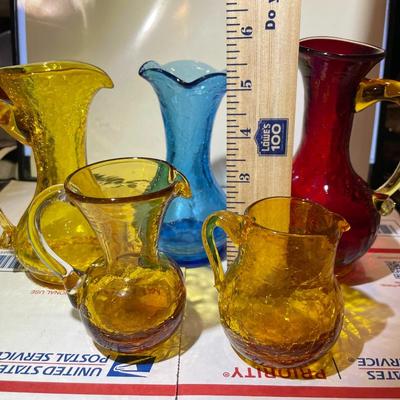 Vintage Hand-Blown Art Crackled Glass 4-Pitchers Vase & 1-Vase in VG Preowned Condition.