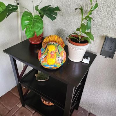 Table, plant stand and items