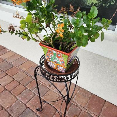 Table, plant stand and items
