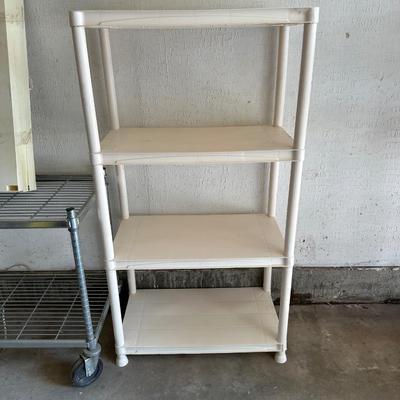 2 TIER METAL CART ON CASTERS AND 2 SMALLER PLASTIC SHELVES