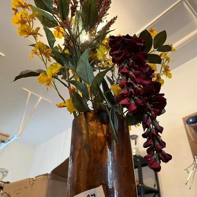 Brown Crackled Glass Vase With Dried Assorted Flowers