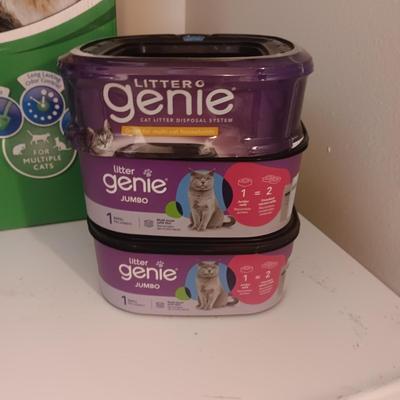 FULL BOX OF KITTY LITTER AND 3 NEW LITTER GENIES