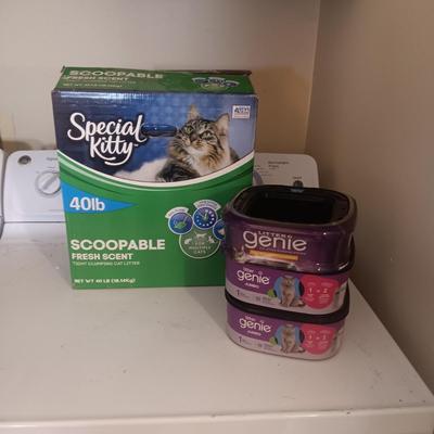 FULL BOX OF KITTY LITTER AND 3 NEW LITTER GENIES