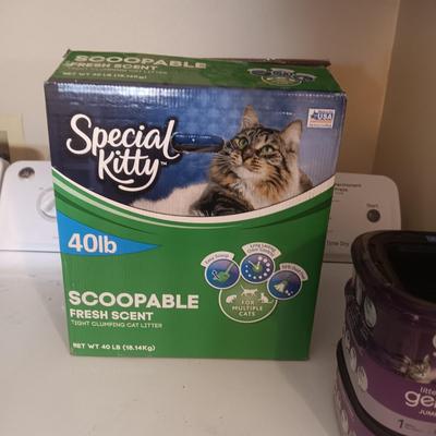 FULL BOX OF KITTY LITTER AND 3 NEW LITTER GENIES
