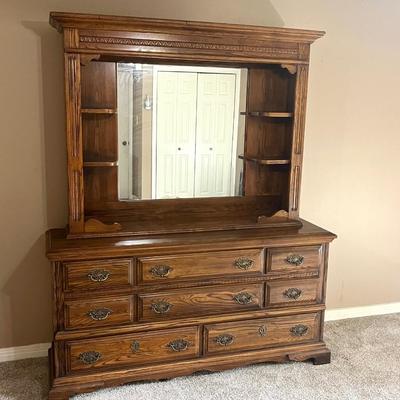 Large Wooden 8 Drawer Dresser With Mirror