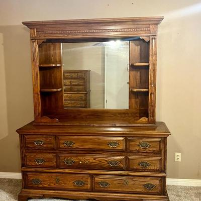 Large Wooden 8 Drawer Dresser With Mirror