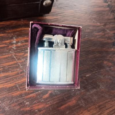 WOODEN CHEST JEWELRY BOX, RONSON LIGHTER, TIE TACKS, LOCKET AND NAIL GROOMING KIT