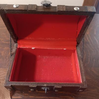 WOODEN CHEST JEWELRY BOX, RONSON LIGHTER, TIE TACKS, LOCKET AND NAIL GROOMING KIT