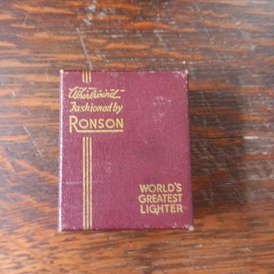 WOODEN CHEST JEWELRY BOX, RONSON LIGHTER, TIE TACKS, LOCKET AND NAIL GROOMING KIT