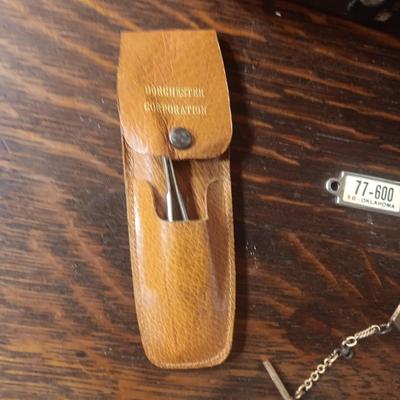 WOODEN CHEST JEWELRY BOX, RONSON LIGHTER, TIE TACKS, LOCKET AND NAIL GROOMING KIT