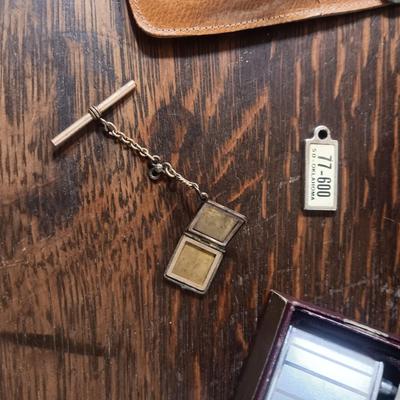 WOODEN CHEST JEWELRY BOX, RONSON LIGHTER, TIE TACKS, LOCKET AND NAIL GROOMING KIT