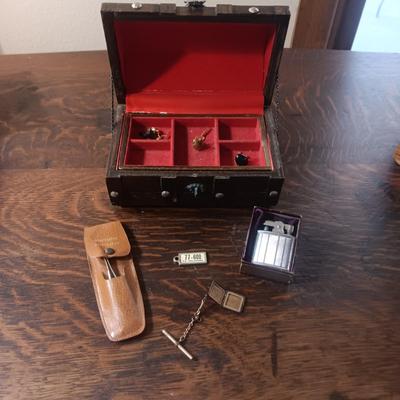 WOODEN CHEST JEWELRY BOX, RONSON LIGHTER, TIE TACKS, LOCKET AND NAIL GROOMING KIT