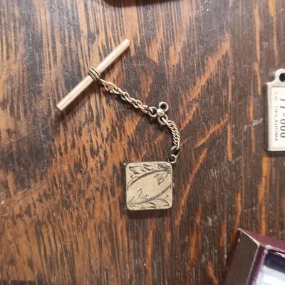 WOODEN CHEST JEWELRY BOX, RONSON LIGHTER, TIE TACKS, LOCKET AND NAIL GROOMING KIT