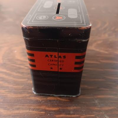 TIN ATLAS COIN BANK, TIE TACKS AND TIE CLIPS