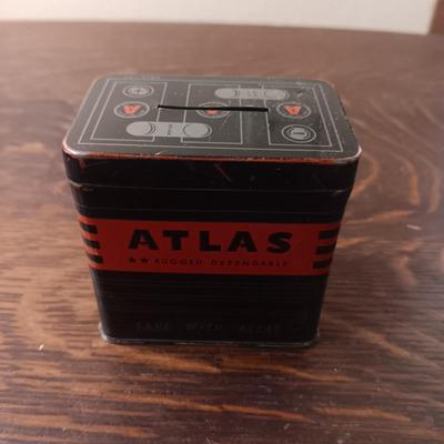 TIN ATLAS COIN BANK, TIE TACKS AND TIE CLIPS