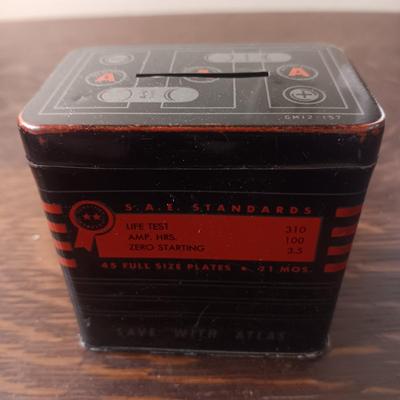 TIN ATLAS COIN BANK, TIE TACKS AND TIE CLIPS