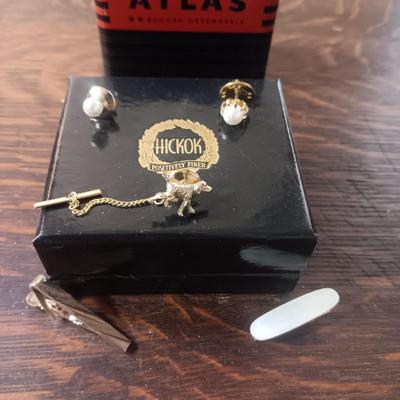 TIN ATLAS COIN BANK, TIE TACKS AND TIE CLIPS