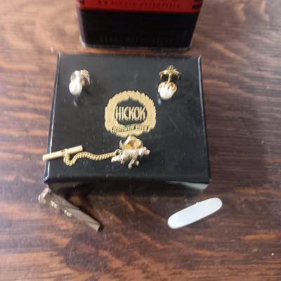 TIN ATLAS COIN BANK, TIE TACKS AND TIE CLIPS