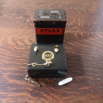 TIN ATLAS COIN BANK, TIE TACKS AND TIE CLIPS