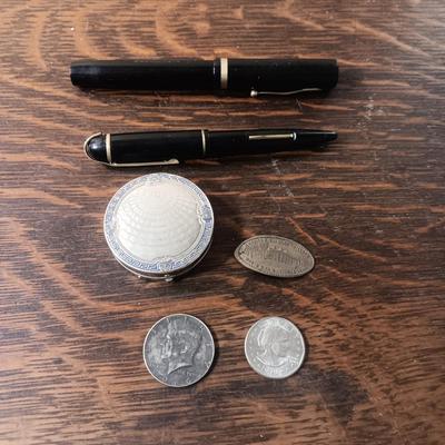 SHEAFFER'S FOUNTAIN PEN, EVERSHARP PENCIL, KARESS COMPACT, 2 COINS