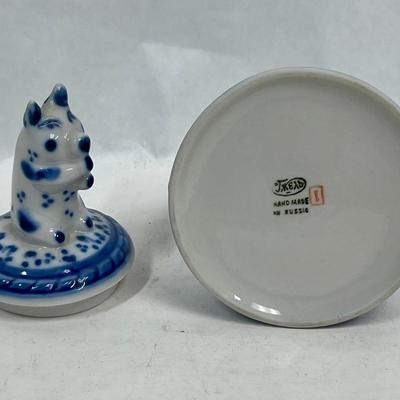 Russian Porcelain Lidded Trinket box Delft Blue & White Pig Figurine on top