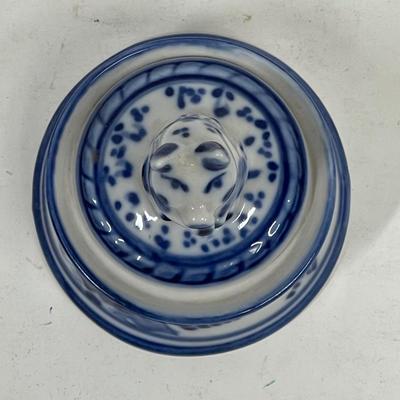 Russian Porcelain Lidded Trinket box Delft Blue & White Pig Figurine on top