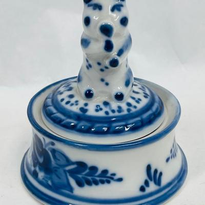 Russian Porcelain Lidded Trinket box Delft Blue & White Pig Figurine on top