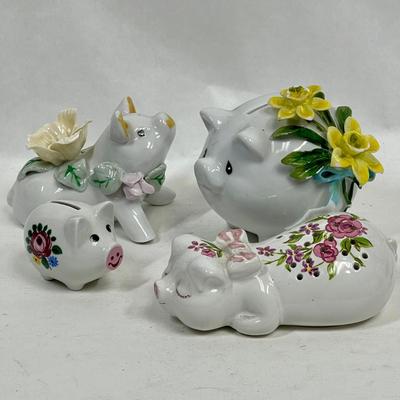 Pig Figurine, Potpourri Pig, and Piggy Banks Flower Decorated Ceramic