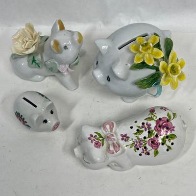 Pig Figurine, Potpourri Pig, and Piggy Banks Flower Decorated Ceramic
