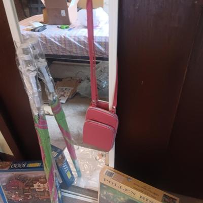 FULL LENGTH MIRROR, PUZZLES, PURSE, LARGE UMBRELLA, NEW TABLECLOTH