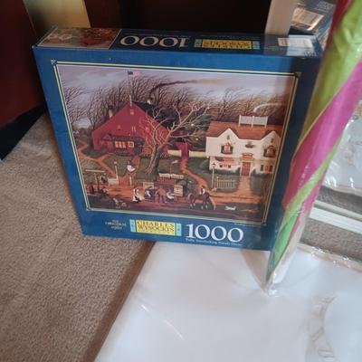 FULL LENGTH MIRROR, PUZZLES, PURSE, LARGE UMBRELLA, NEW TABLECLOTH