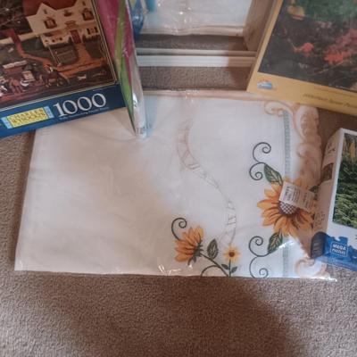 FULL LENGTH MIRROR, PUZZLES, PURSE, LARGE UMBRELLA, NEW TABLECLOTH
